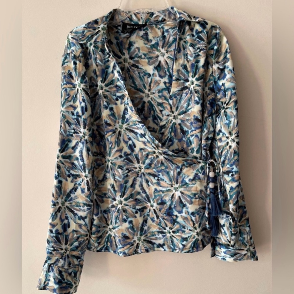 Blue and White Floral Print Abstract Long Sleeve Multicolor Wrap Blouse